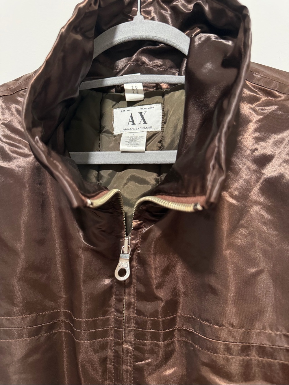 Armani Exchange Men's Shiny Chocolate Brown Satin Bomber Jacket